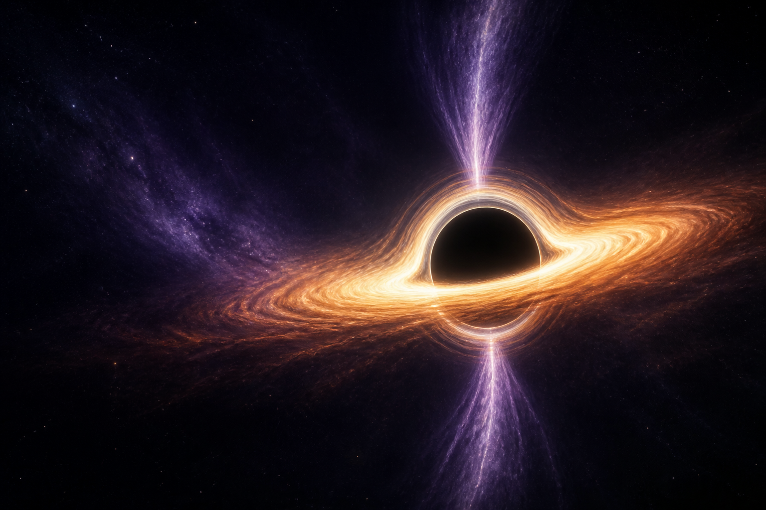 Illustration artistique d'un trou noir supermassif entouré d'un disque d'accrétion lumineux et traversé par deux jets de particules