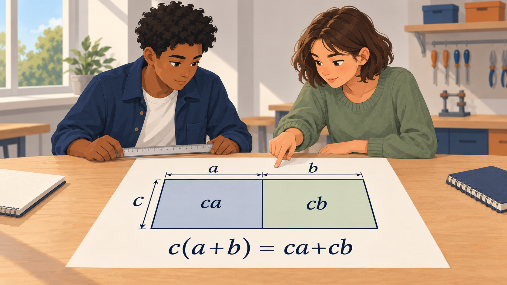 Illustration : Deux élèves étudient un rectangle de hauteur c partagé en deux parties de largeurs a et b ; les aires sont ca et cb.