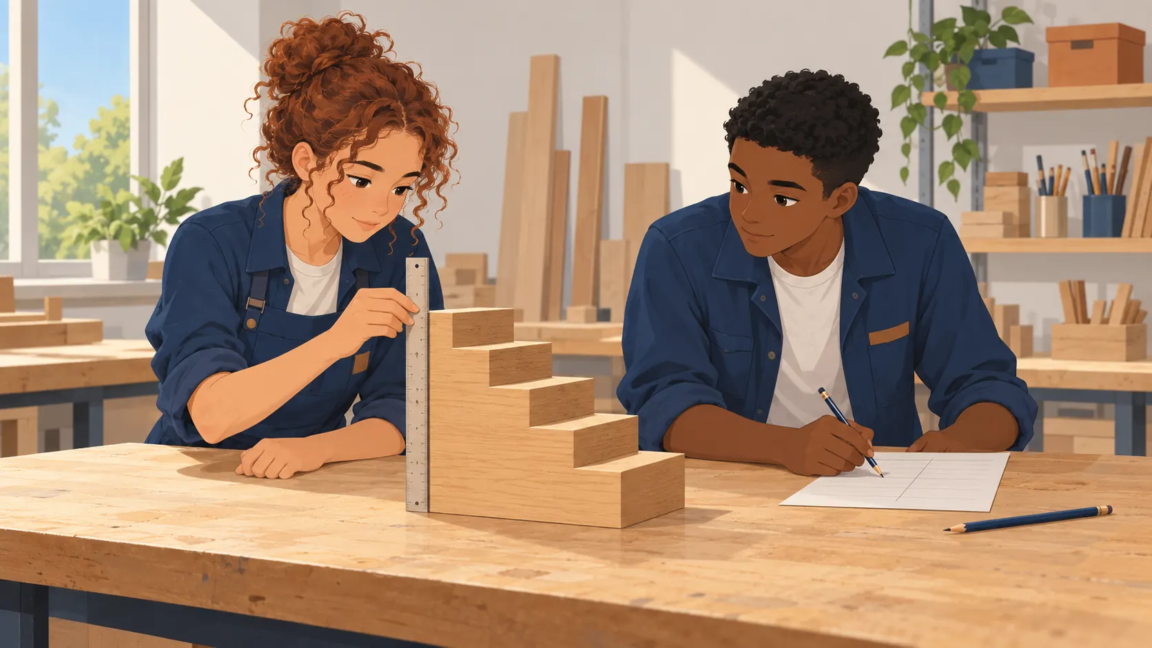 Illustration : Deux élèves comparent les hauteurs successives d’une maquette d’escalier dont les marches ont la même hauteur.