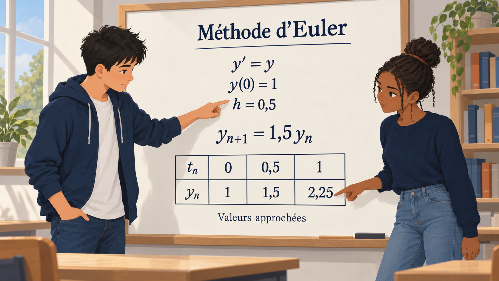 Illustration : Deux élèves calculent les valeurs approchées d’Euler pour y prime égale y, avec y de zéro égale un et un pas de zéro virgule cinq : un, un virgule cinq puis deux virgule vingt-cinq.