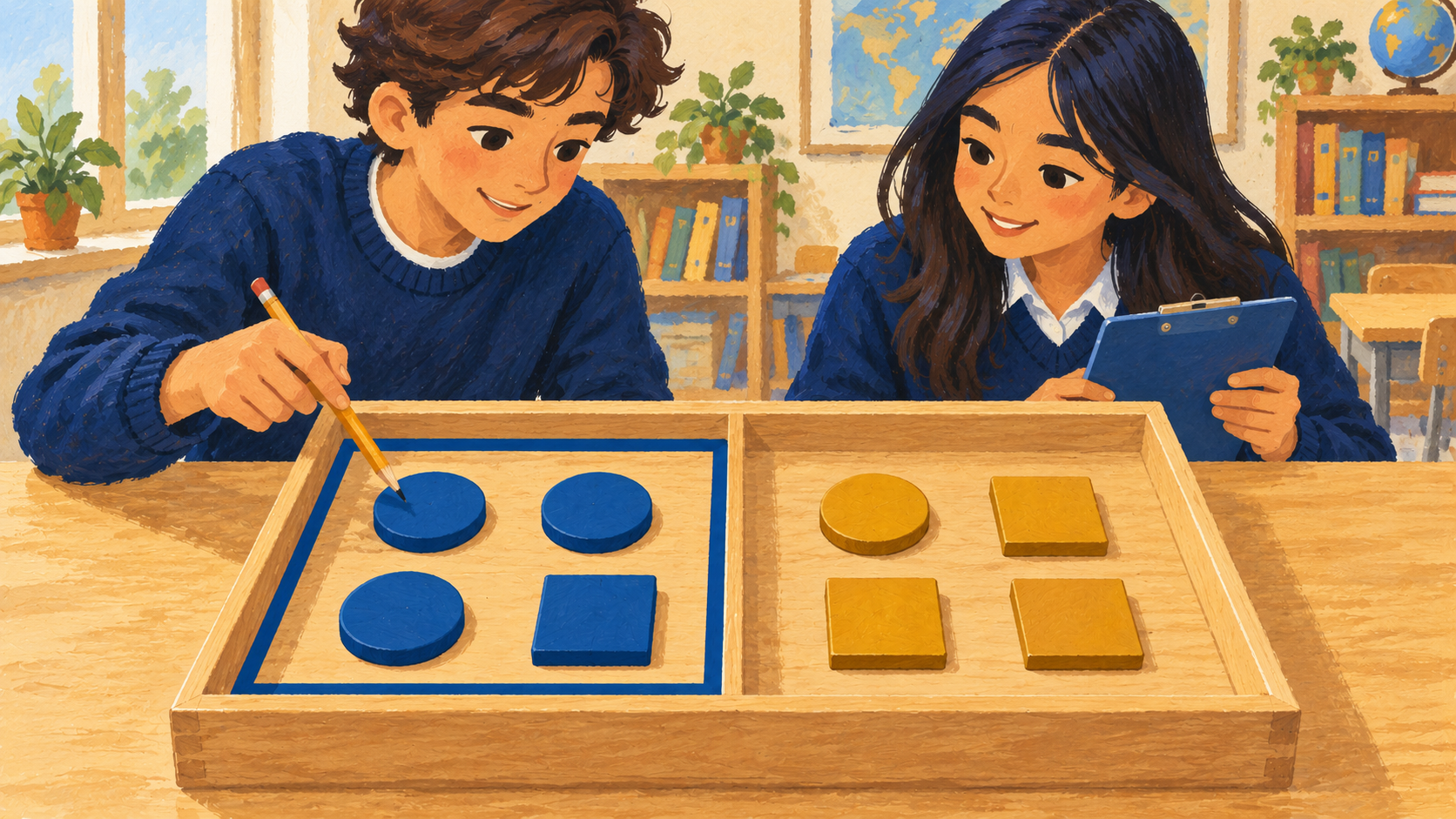 Illustration : Deux élèves examinent huit pièces classées par couleur et par forme ; le cadre sélectionne les quatre pièces bleues, dont trois sont rondes.