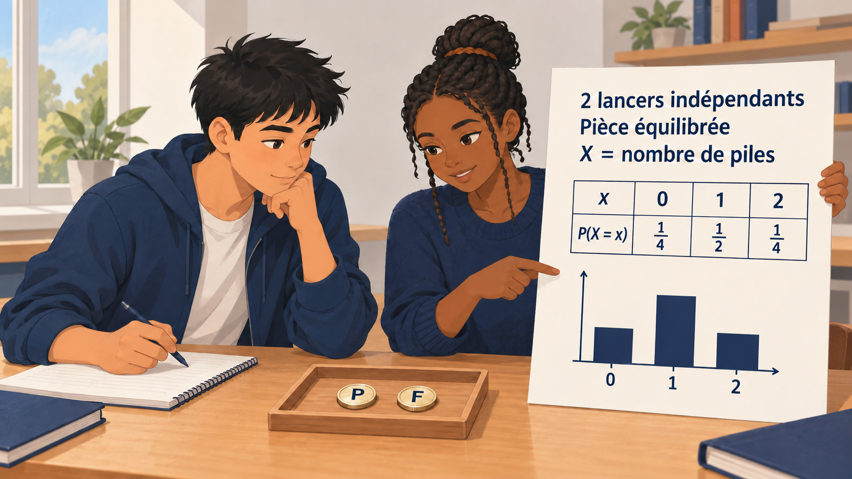 Illustration : Deux élèves étudient le nombre de piles obtenu en deux lancers indépendants d’une pièce équilibrée : probabilités un quart, un demi et un quart pour zéro, un et deux piles.