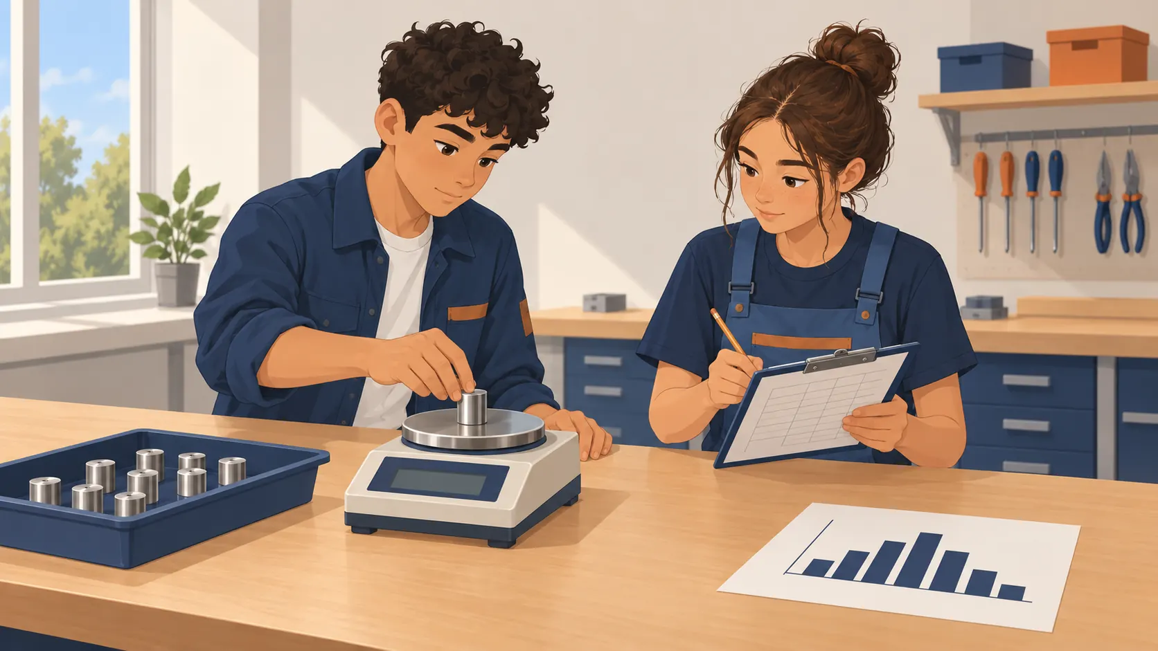 Illustration : Deux élèves relèvent la masse de petites pièces sur une balance et préparent un tableau de mesures.