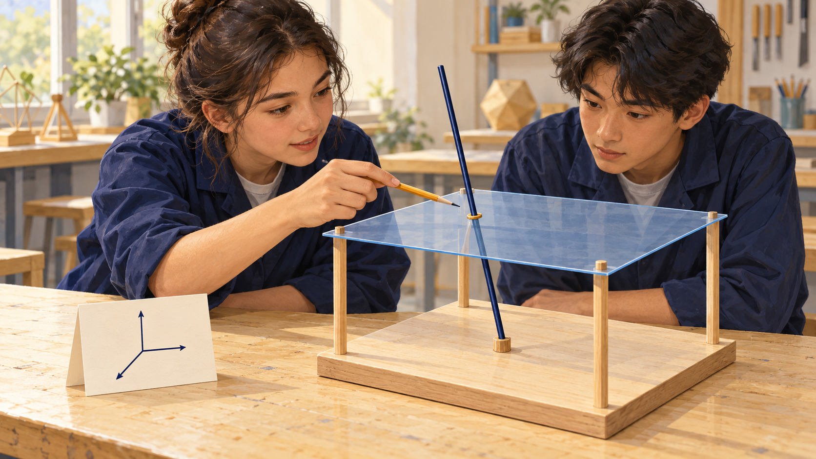 Illustration : Deux élèves étudient une maquette où une tige droite traverse l’intérieur d’une plaque translucide représentant un plan.
