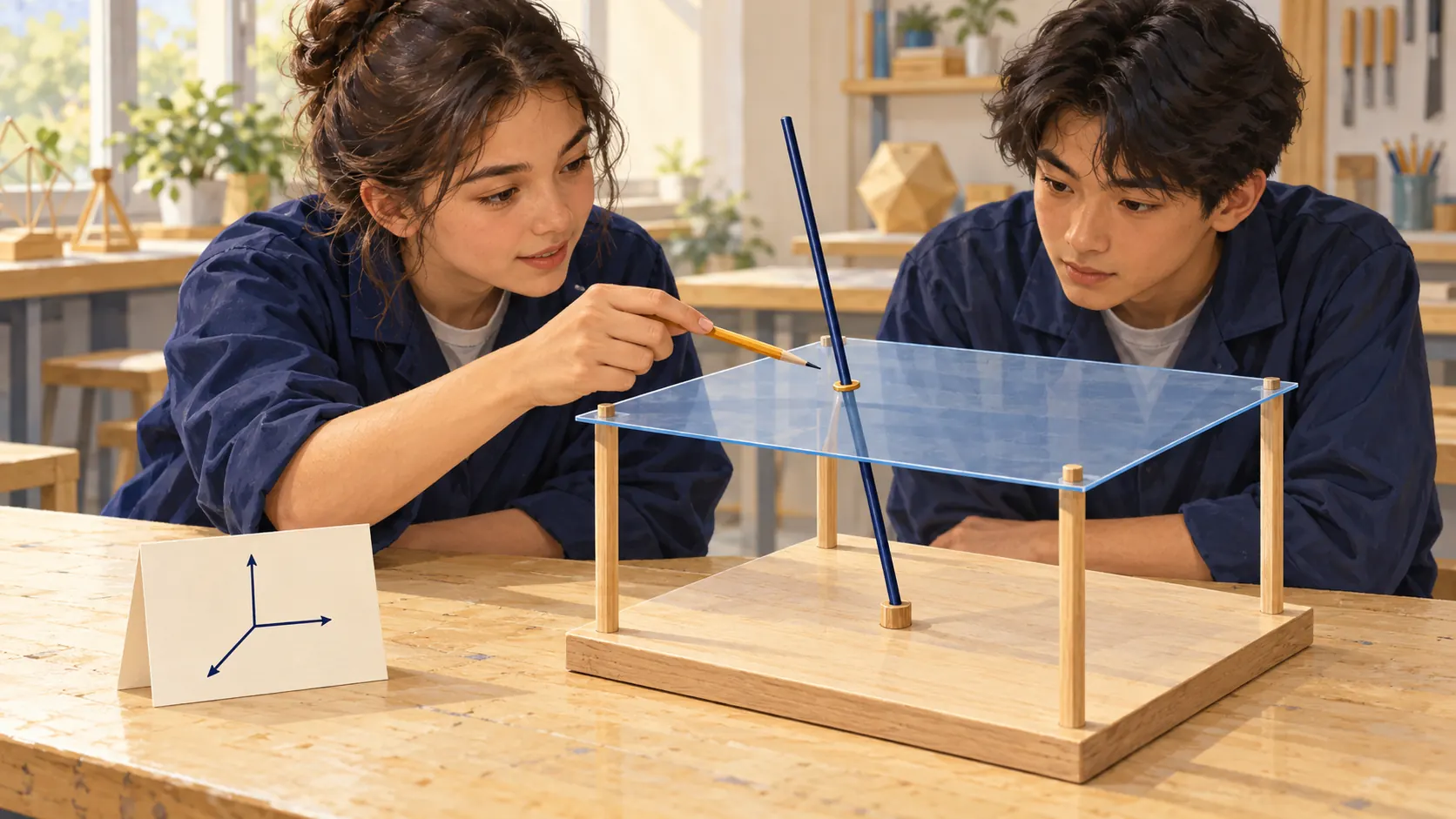 Illustration : Deux élèves étudient une maquette où une tige droite traverse l’intérieur d’une plaque translucide représentant un plan.