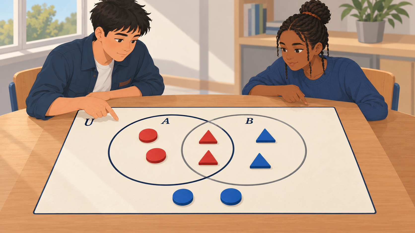 Illustration : Huit jetons sont classés dans deux ensembles : les rouges dans A, les triangles dans B, avec deux triangles rouges dans leur intersection.
