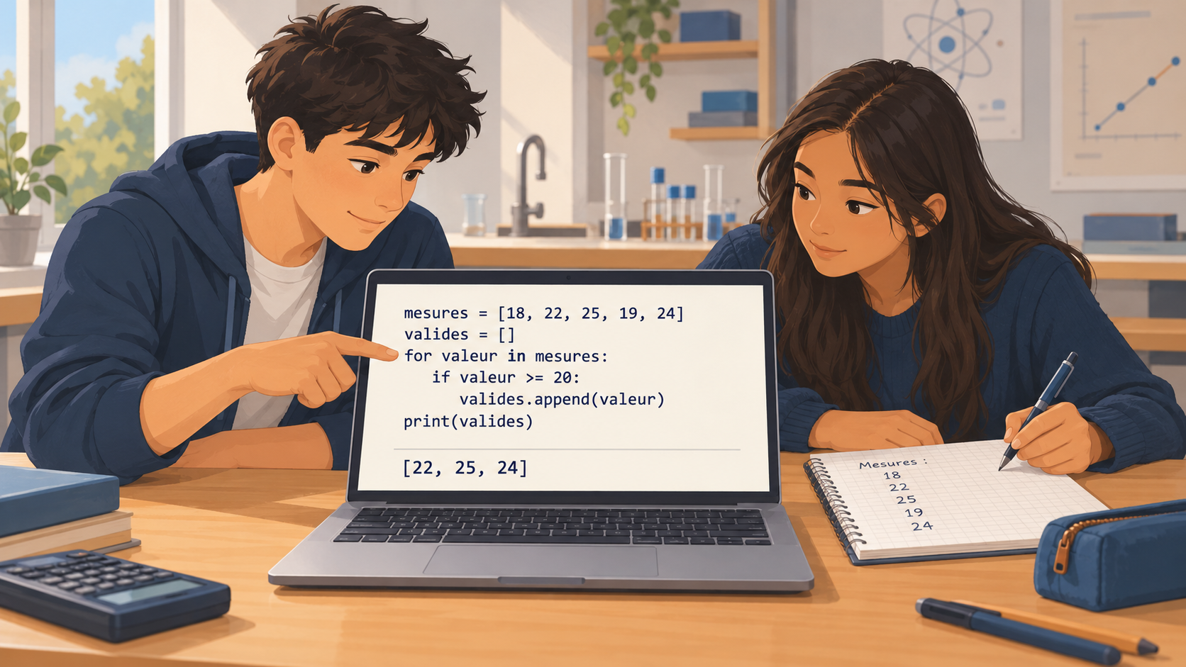 Illustration : Deux élèves utilisent une boucle Python et une condition pour sélectionner dans une liste les mesures supérieures ou égales à 20.