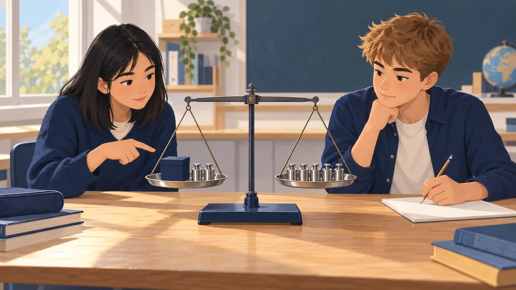 Illustration : Deux élèves observent une balance en équilibre : une boîte et deux masses à gauche, cinq masses identiques à droite.