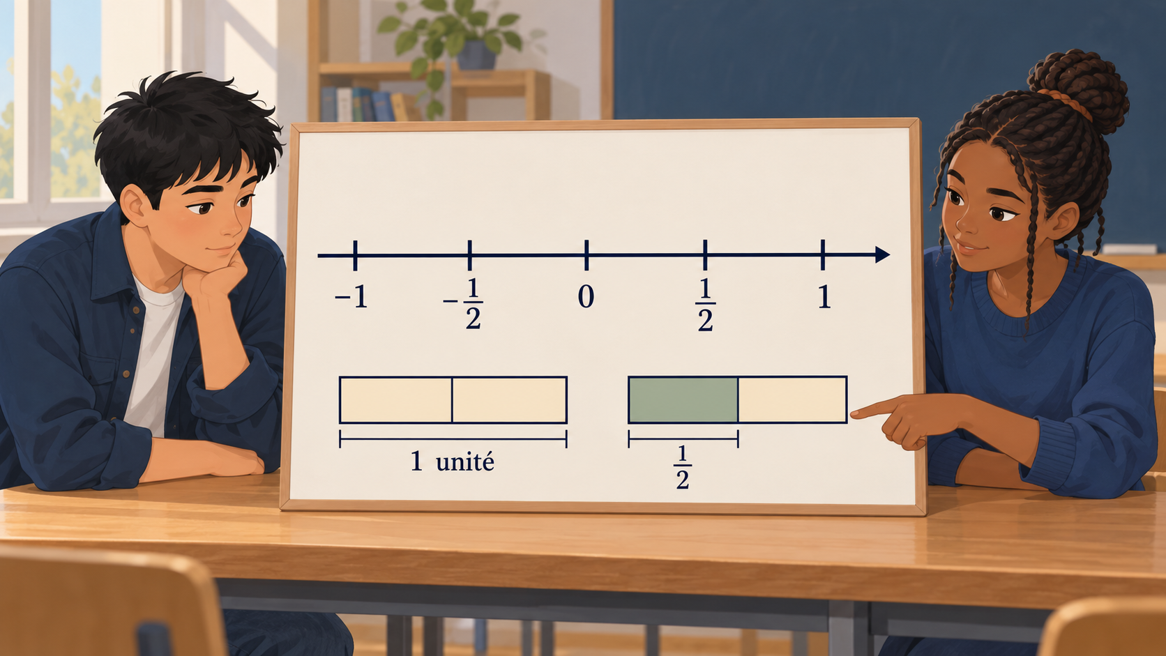 Illustration : Deux élèves comparent les positions de moins un, moins un demi, zéro, un demi et un sur une droite graduée, puis deux bandes unité partagées en moitiés.