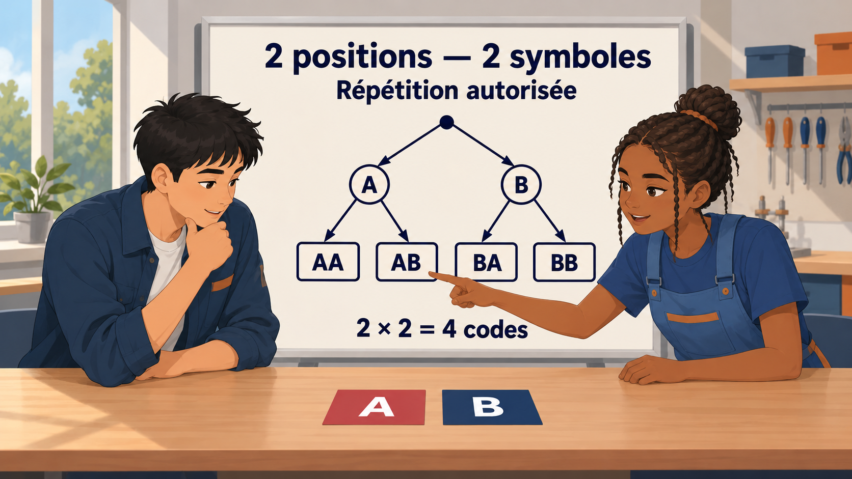 Illustration : Un arbre énumère les quatre codes ordonnés AA, AB, BA et BB obtenus avec deux symboles et deux positions, avec répétition autorisée.