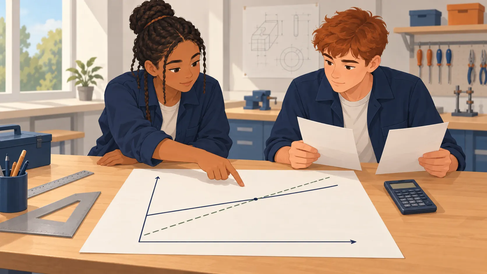 Illustration : Deux élèves comparent deux droites croissantes et repèrent leur point d’intersection.