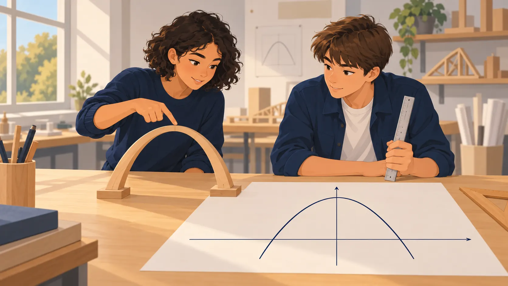 Illustration : Deux élèves comparent une maquette d’arche et une parabole ouverte vers le bas.