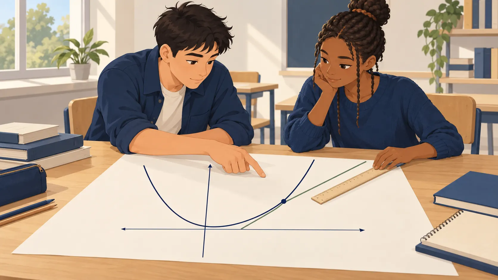 Illustration : Deux élèves étudient une courbe et sa tangente sur une branche croissante.