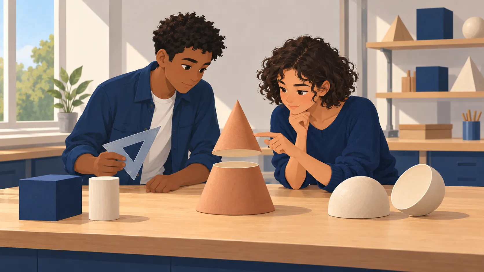Illustration : Deux élèves observent les sections circulaires d’un cône séparé en deux pièces et d’une sphère, avec un cube et un cylindre.