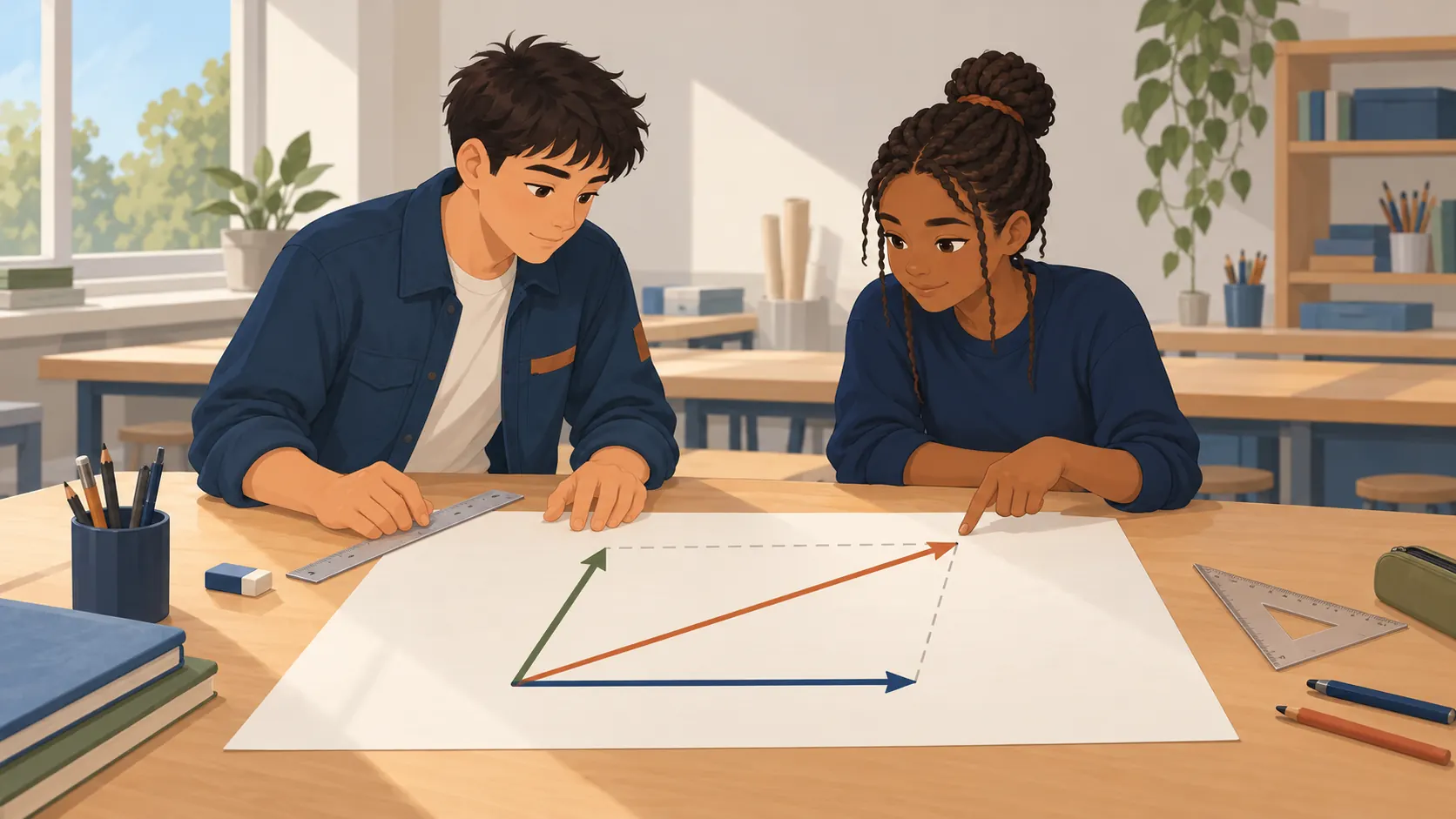 Illustration : Deux élèves construisent une somme de deux vecteurs par la règle du parallélogramme.