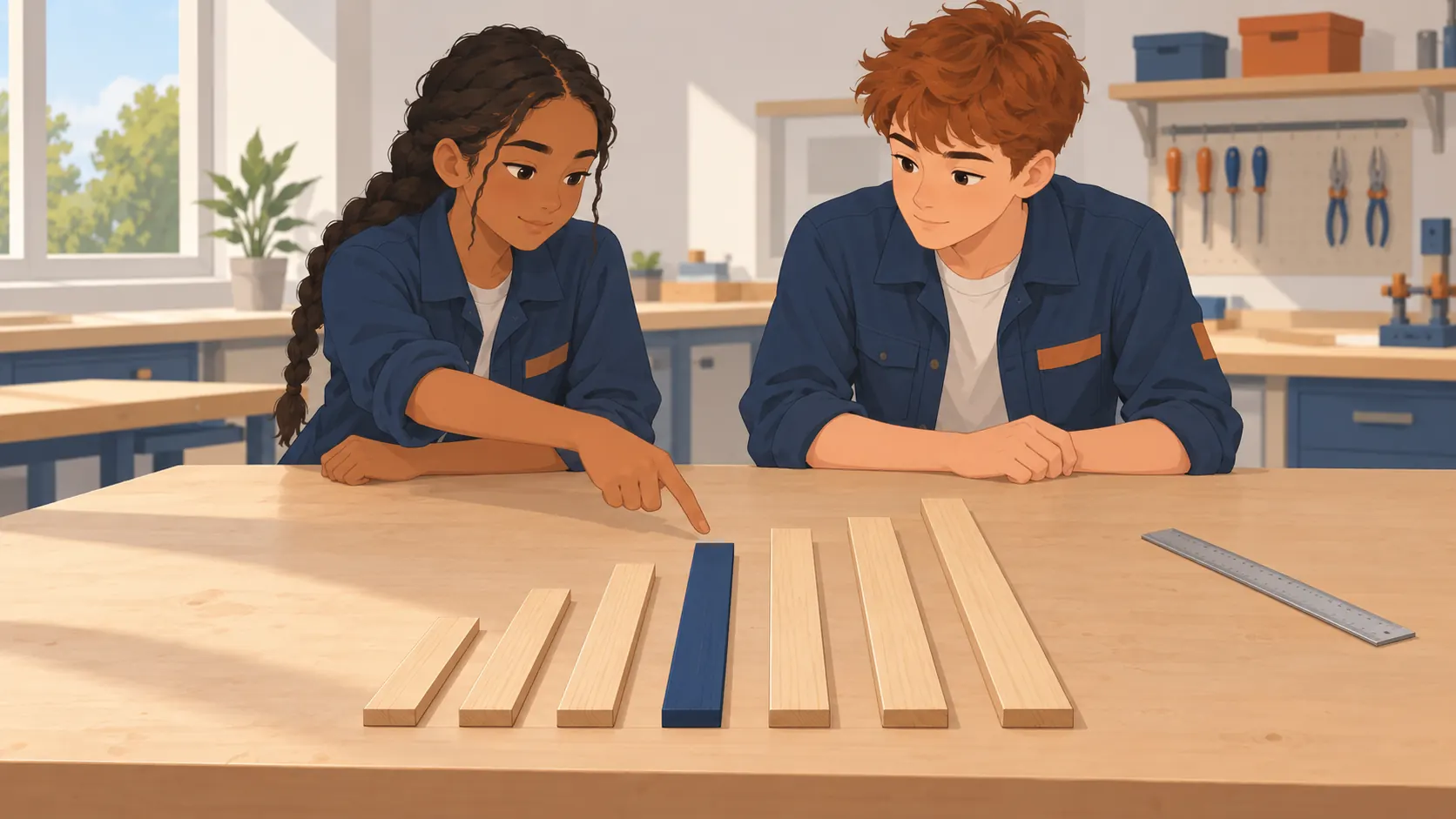 Illustration : Deux élèves observent sept baguettes de longueurs croissantes ; la quatrième, au centre de la série ordonnée, est bleue.