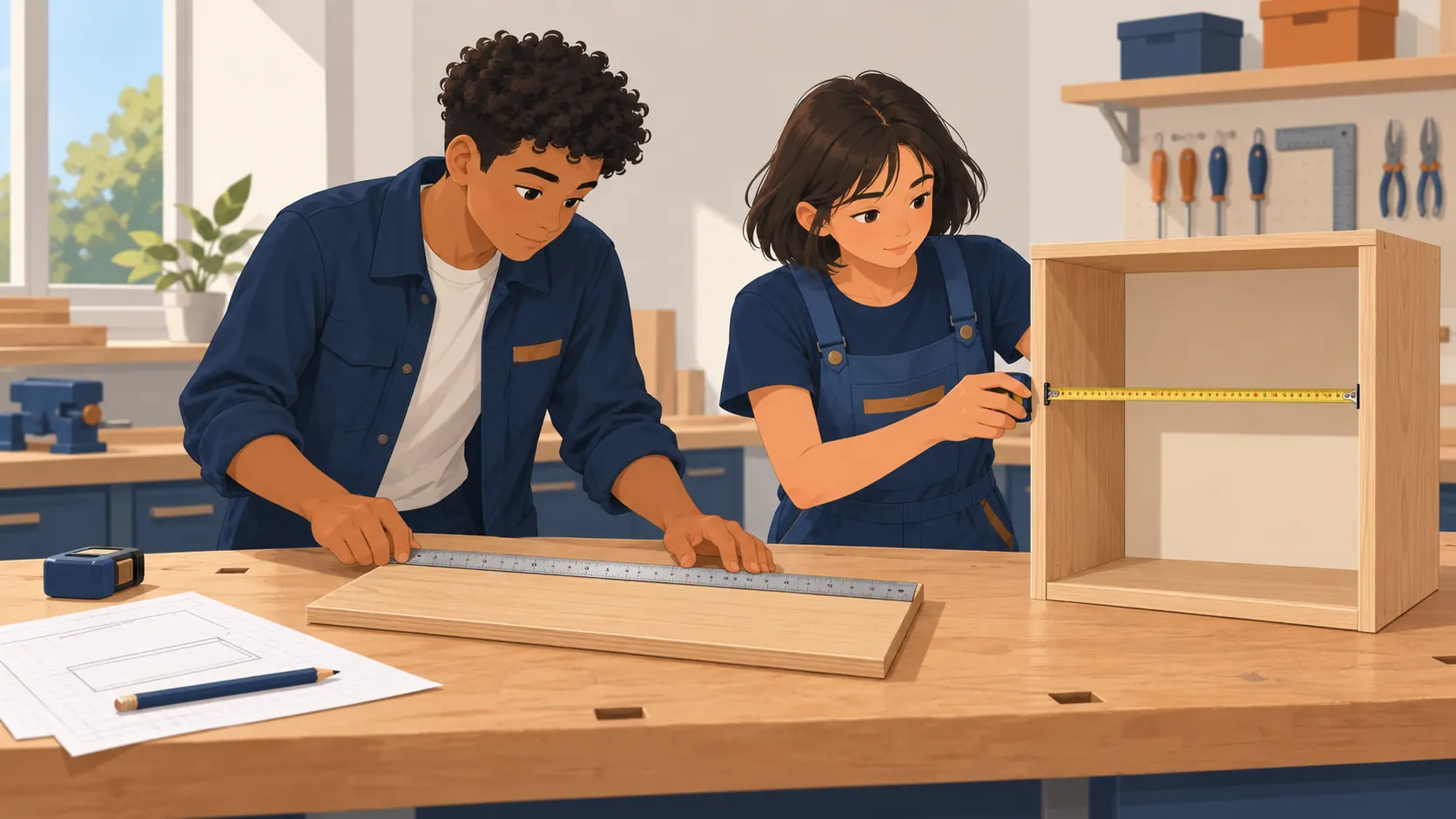 Illustration : Deux élèves comparent la largeur d’une tablette à l’espace disponible entre les parois d’un meuble.