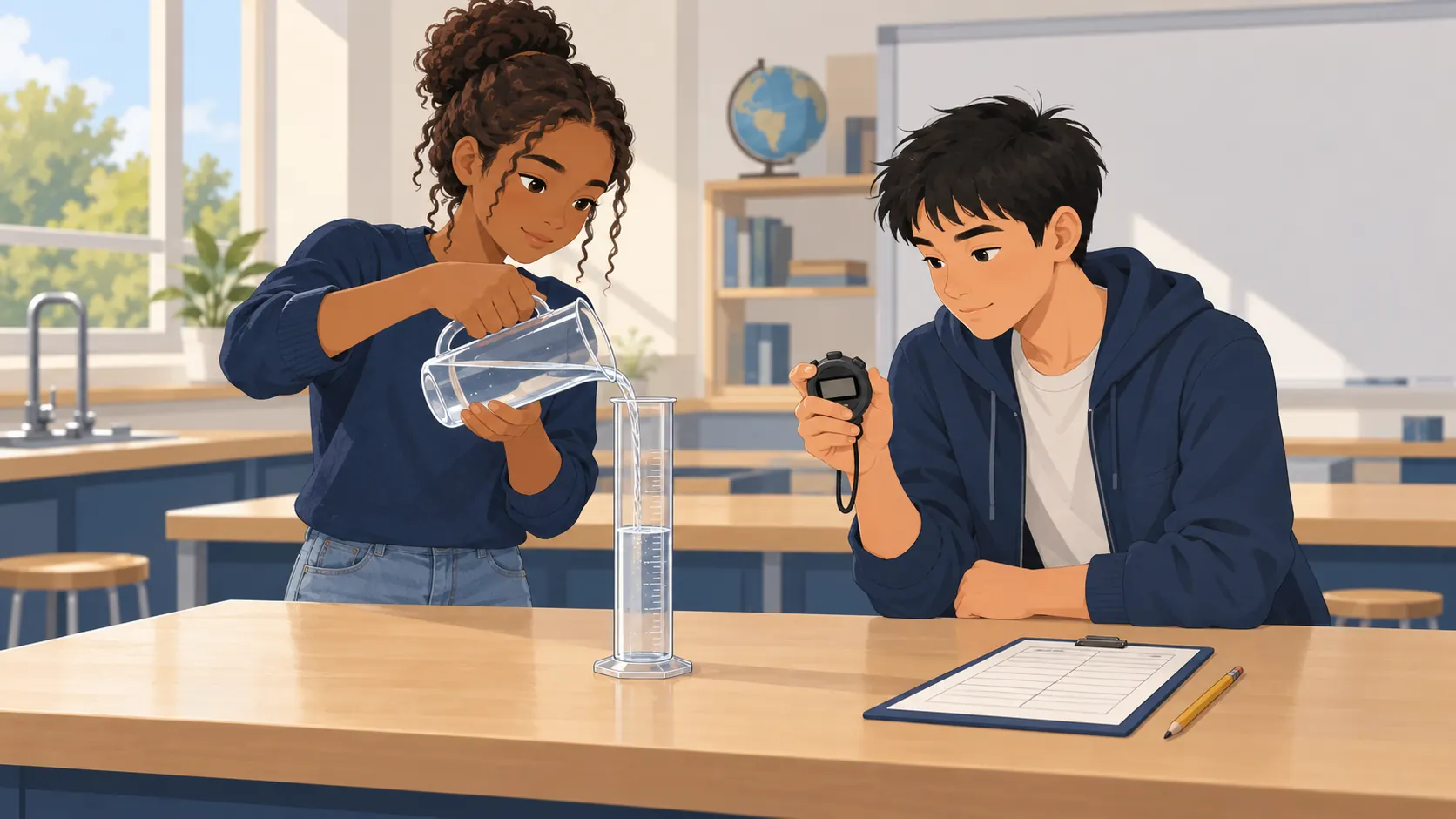 Illustration : Une élève remplit une éprouvette d’eau pendant qu’un autre suit le temps au chronomètre.