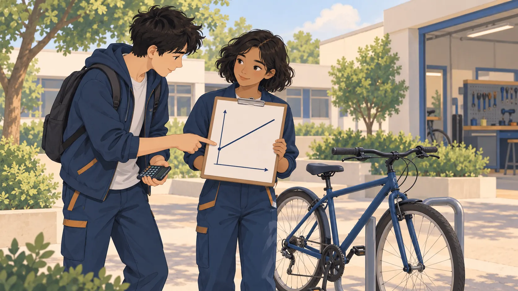Illustration : Deux élèves étudient une estimation de location de vélo ; une droite croissante coupe l’axe vertical au-dessus de l’origine.