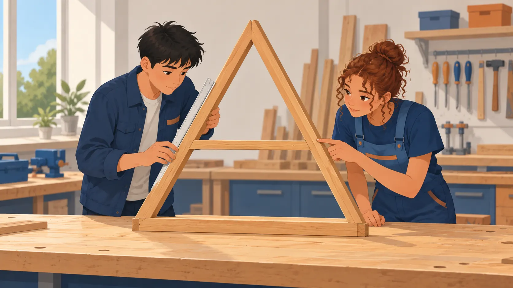 Illustration : Deux élèves observent un cadre triangulaire dont une traverse intérieure est parallèle à la base.