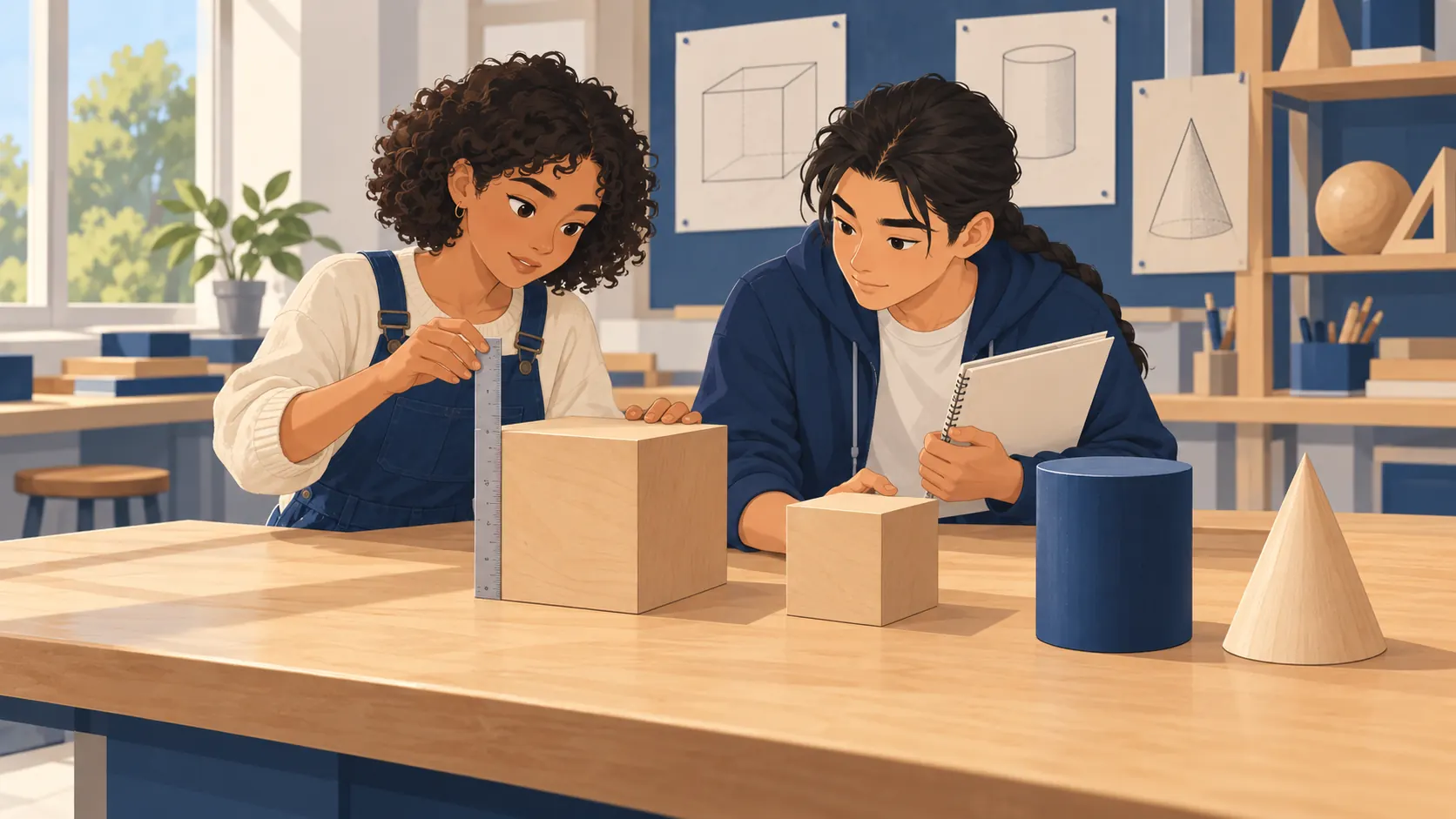 Illustration : Deux élèves mesurent des modèles géométriques : deux cubes de tailles différentes, un cylindre et un cône.