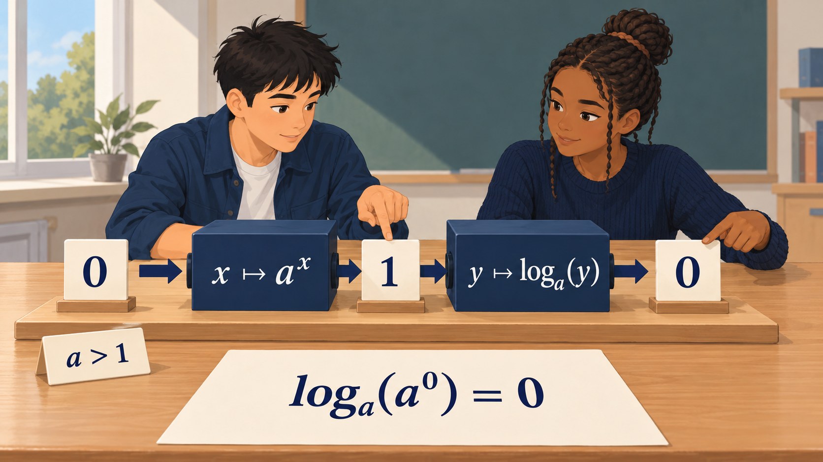 Illustration : Deux élèves appliquent une exponentielle de base a à zéro pour obtenir un, puis le logarithme de même base à un pour retrouver zéro.