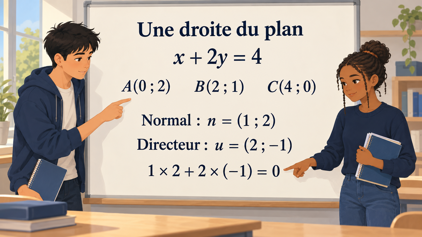 Illustration : Deux élèves vérifient les points A zéro-deux, B deux-un et C quatre-zéro sur la droite x plus deux y égale quatre, avec un vecteur normal et un vecteur directeur orthogonaux.