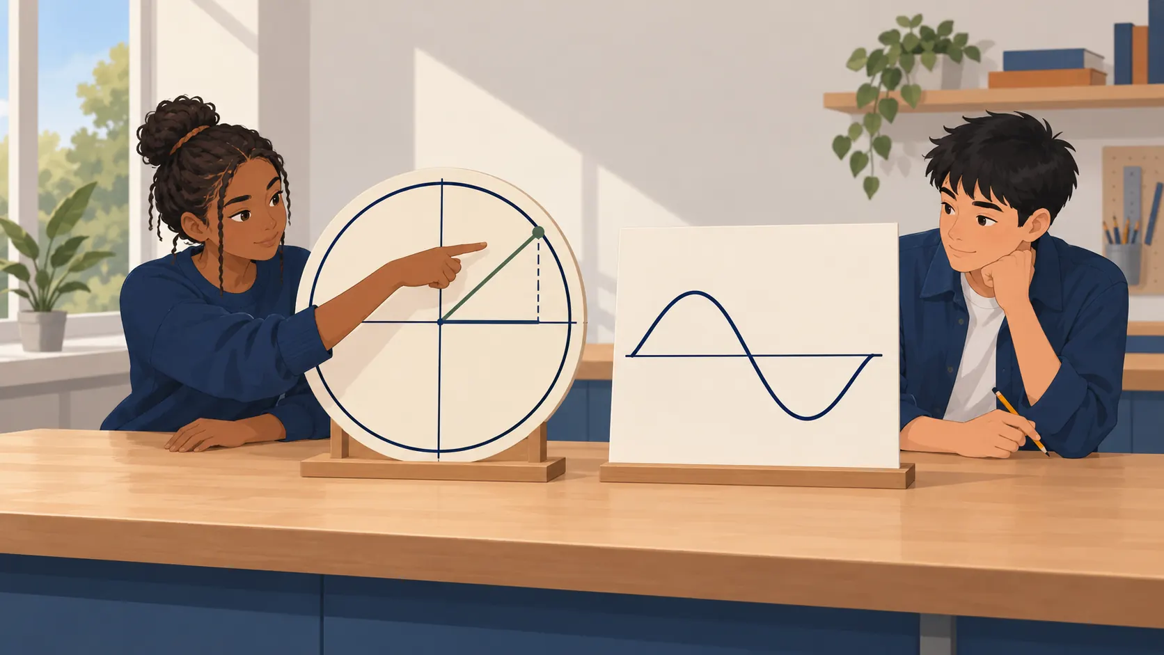 Illustration : Deux élèves comparent un cercle avec un rayon et sa projection à une courbe sinusoïdale.