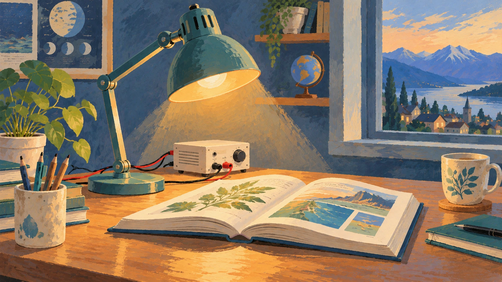 Illustration : Une lampe alimentée éclaire un livre sur une table.