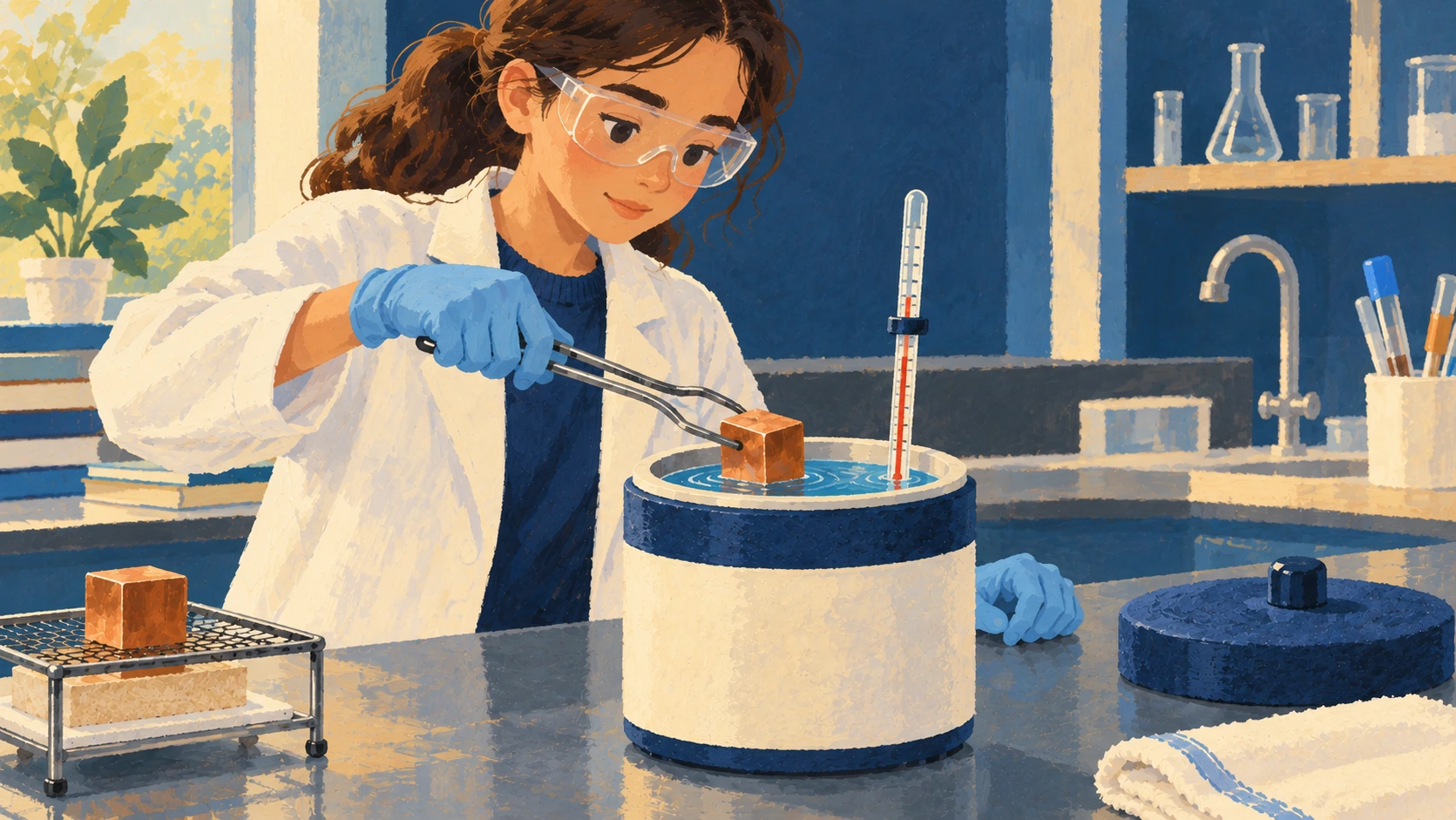 Illustration : Un corps solide est placé dans un calorimètre contenant de l’eau et un thermomètre.