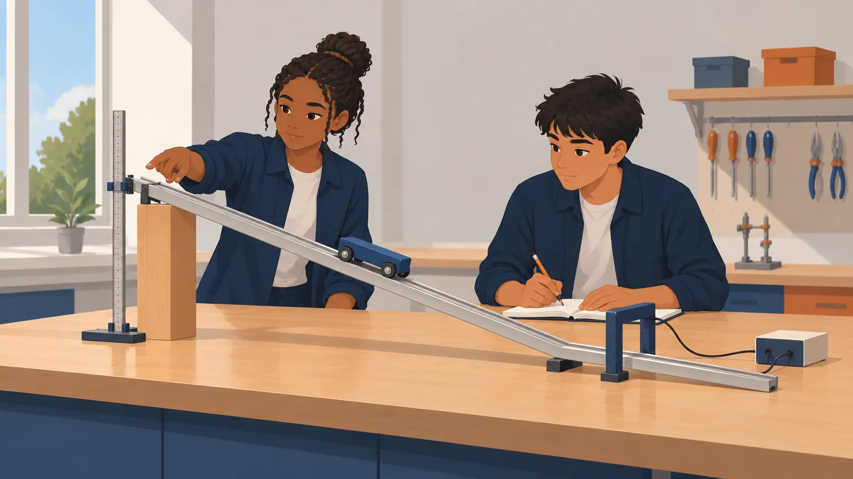 Illustration : Deux élèves suivent un chariot descendant un rail incliné, avec une règle de hauteur et un capteur de passage.