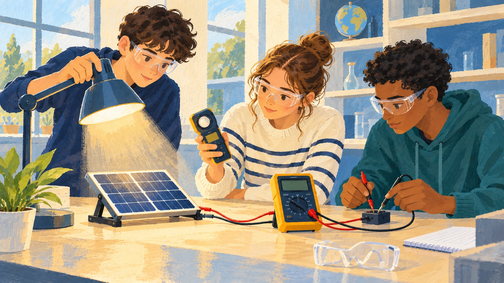 Illustration : Des élèves éclairent un petit panneau photovoltaïque et relèvent des mesures avec des instruments.