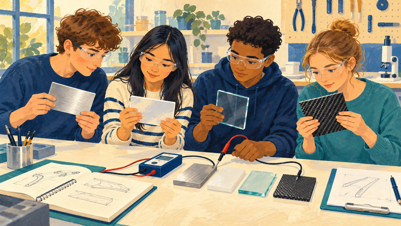 Illustration : Des élèves comparent des échantillons de matériaux sur une table de laboratoire.