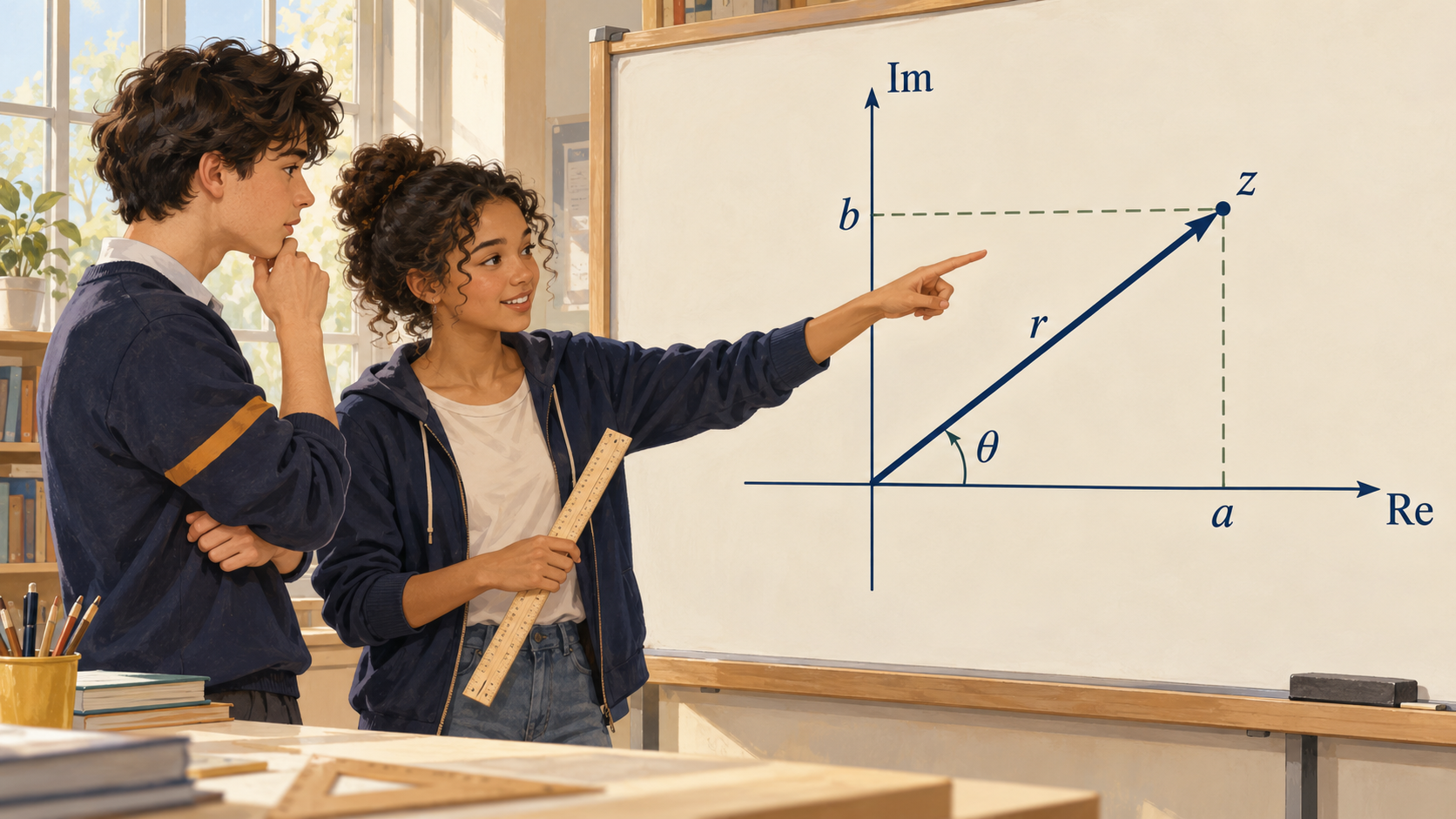 Illustration : Deux élèves étudient un complexe z dans le premier quadrant du plan complexe, avec ses projections réelle et imaginaire, son module r et son argument θ.