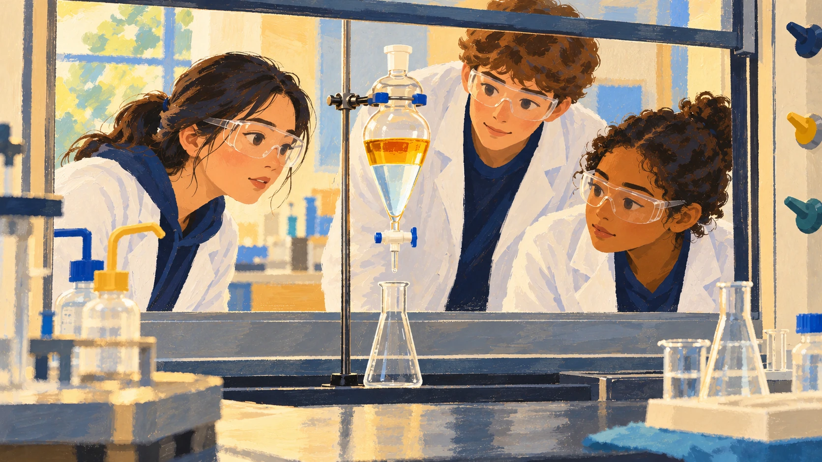 Illustration : Des élèves observent deux couches liquides distinctes dans une ampoule à décanter.