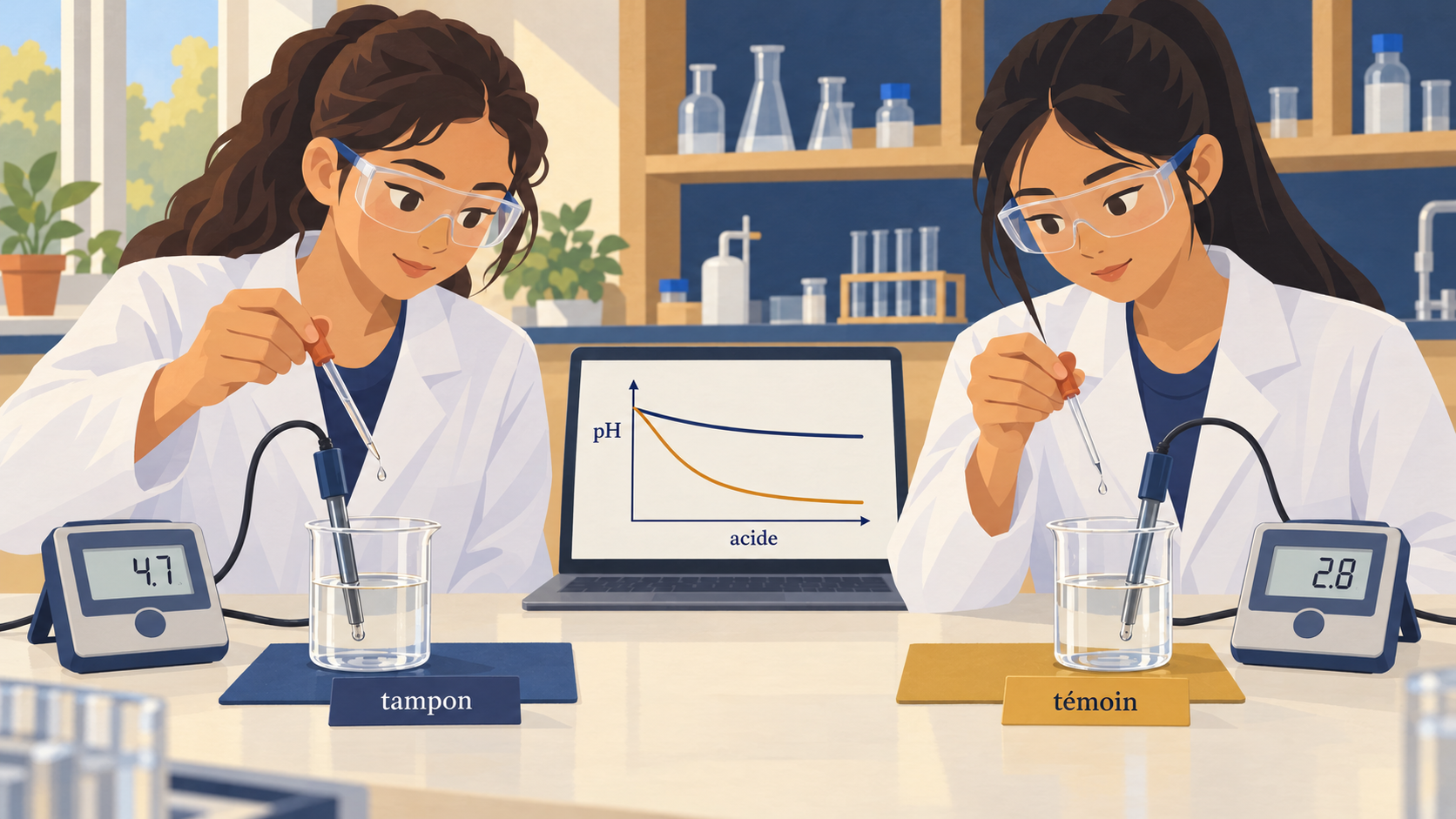 Illustration : Deux élèves ajoutent une petite quantité d’acide à une solution tampon et à un témoin ; les pH-mètres affichent respectivement 4,7 et 2,8.