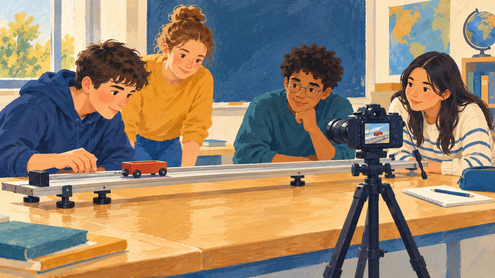 Illustration : Des élèves filment un chariot qui se déplace sur un rail.