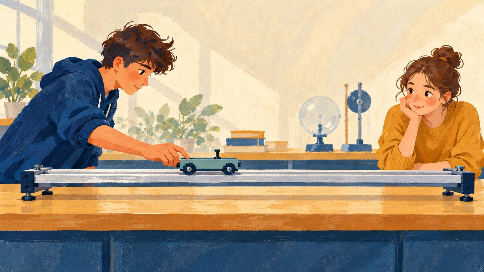 Illustration : Un élève met en mouvement un petit chariot sur un rail horizontal.