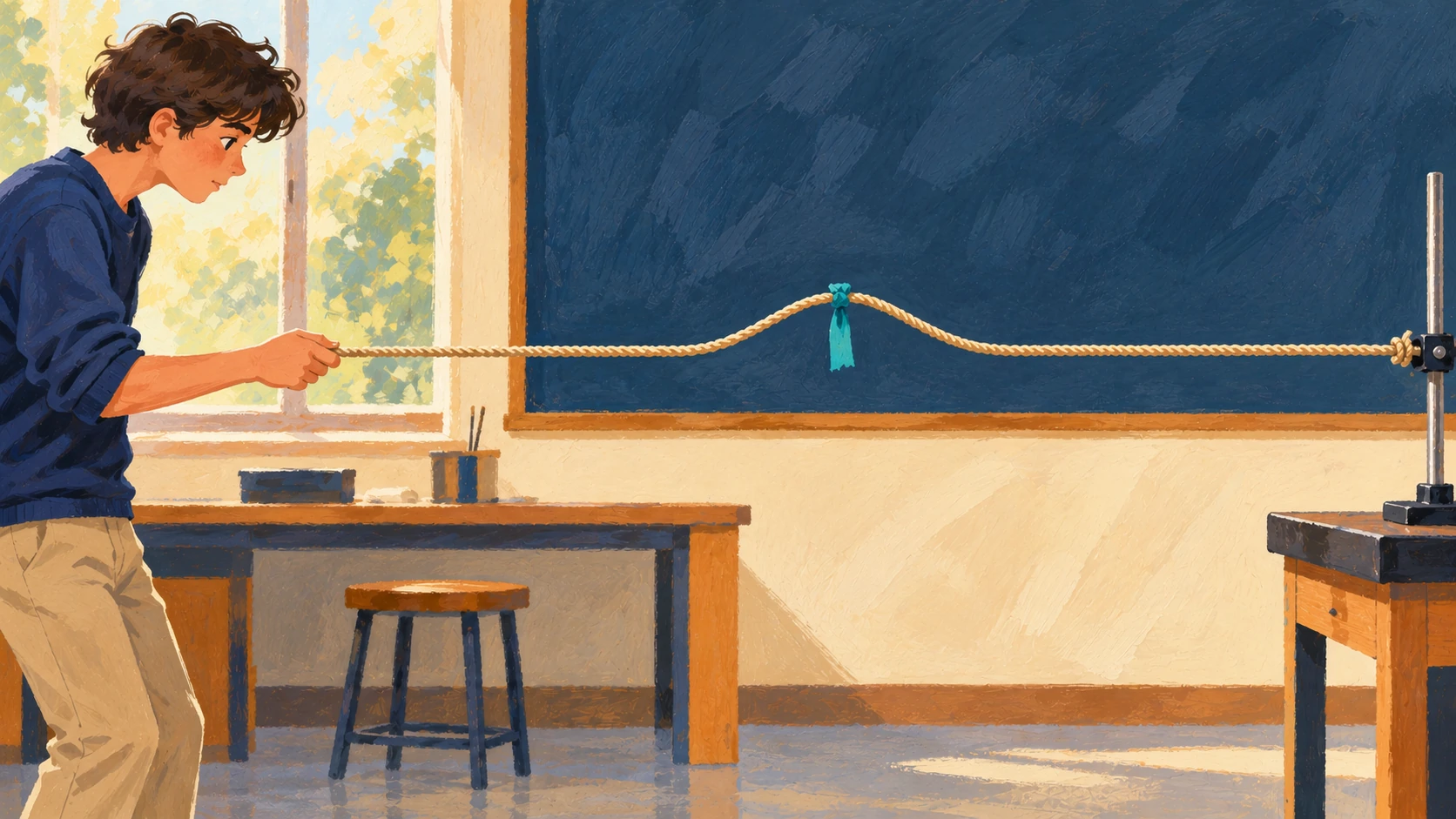 Illustration : Un élève crée une perturbation sur une corde tendue portant un repère.