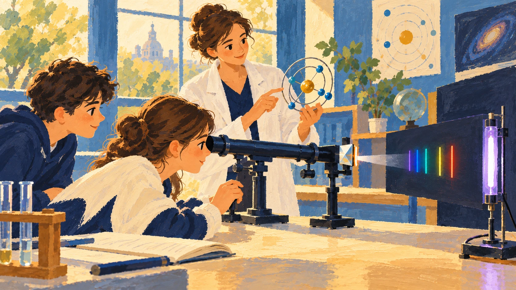 Illustration : Des élèves observent les raies lumineuses d’une source avec un dispositif optique.