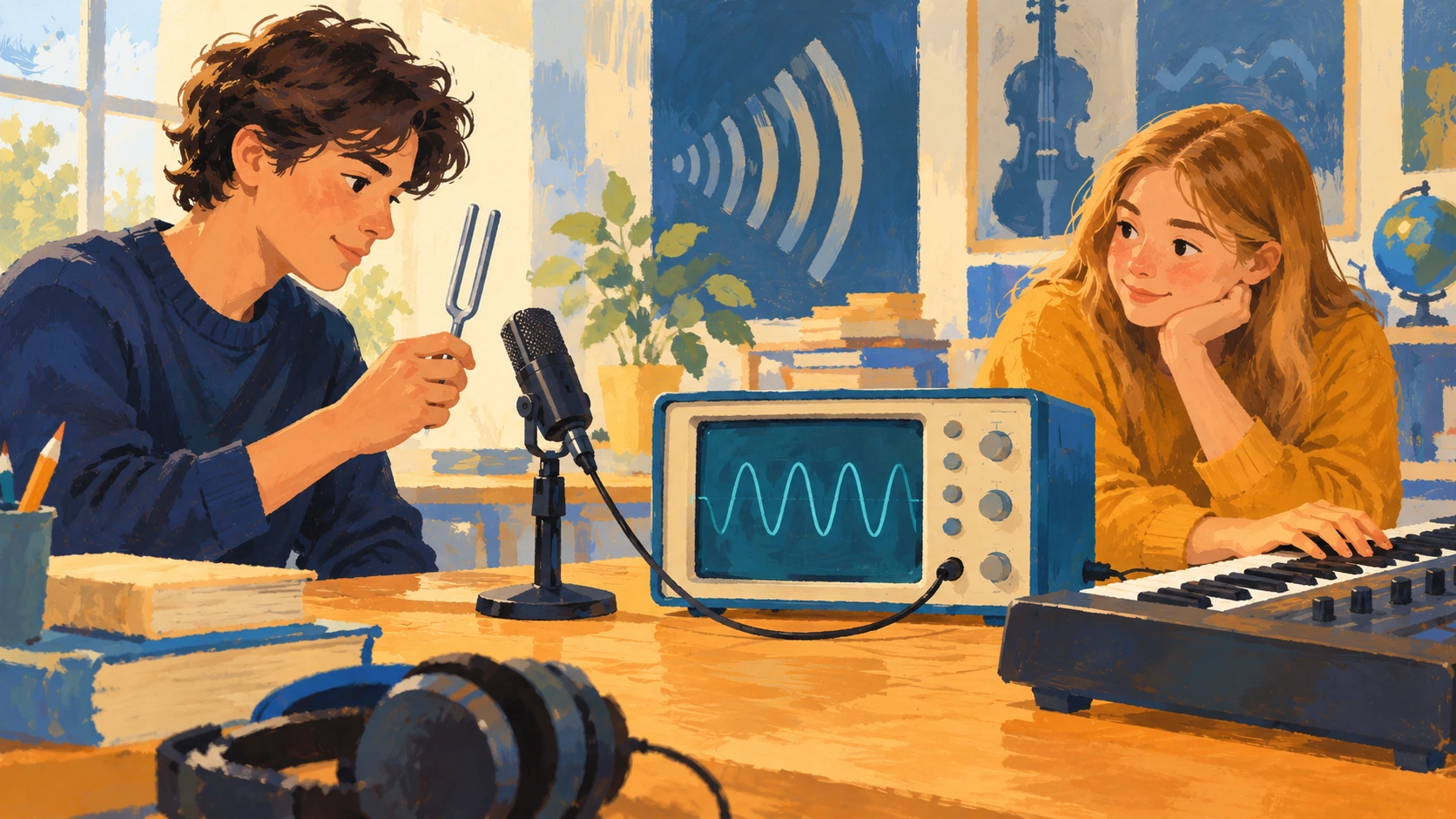 Illustration : Des élèves observent un signal sonore enregistré avec un microphone et un oscilloscope.