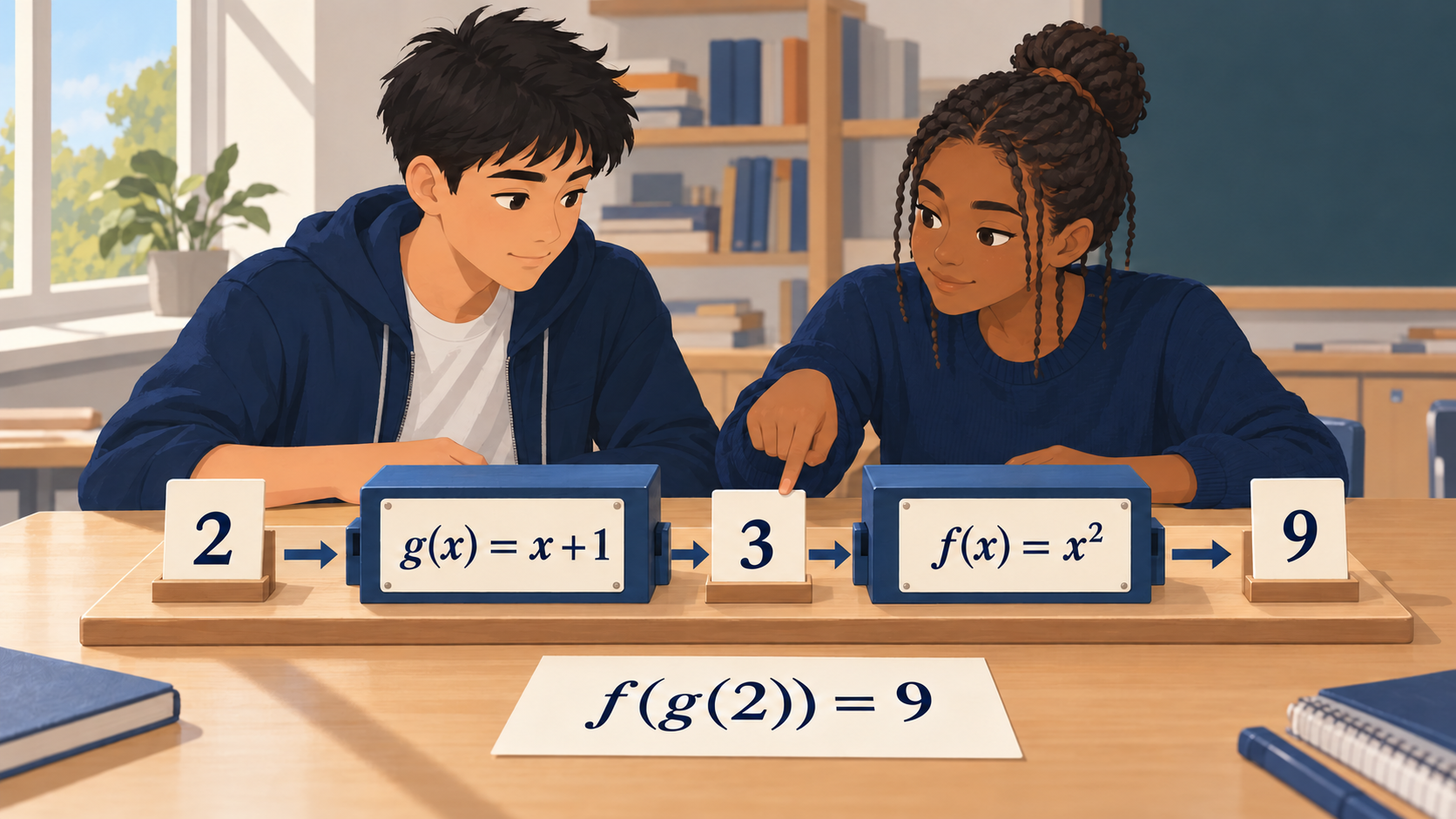 Illustration : Deux élèves font passer deux dans la fonction g qui ajoute un, obtenant trois, puis dans la fonction f qui élève au carré, obtenant neuf.