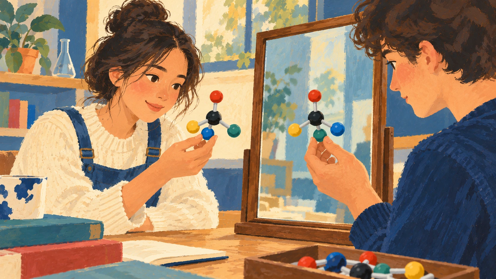 Illustration : Deux élèves comparent des modèles moléculaires de part et d’autre d’un miroir.