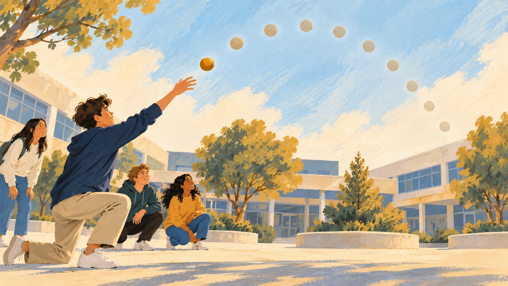 Illustration : Une balle lancée suit une trajectoire courbe dans une cour d’établissement.