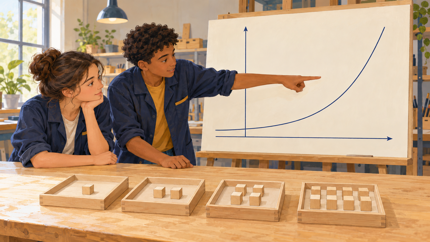 Illustration : Deux élèves comparent quatre plateaux contenant un, deux, quatre et huit cubes et observent une courbe exponentielle croissante.