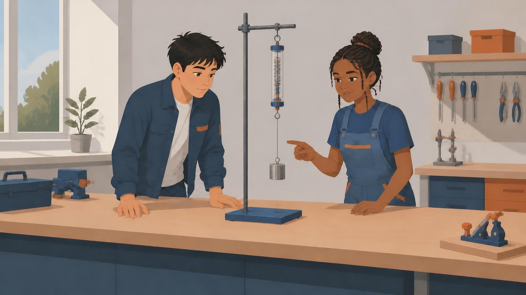 Illustration : Deux élèves observent un petit bloc suspendu à un dynamomètre dans un laboratoire.