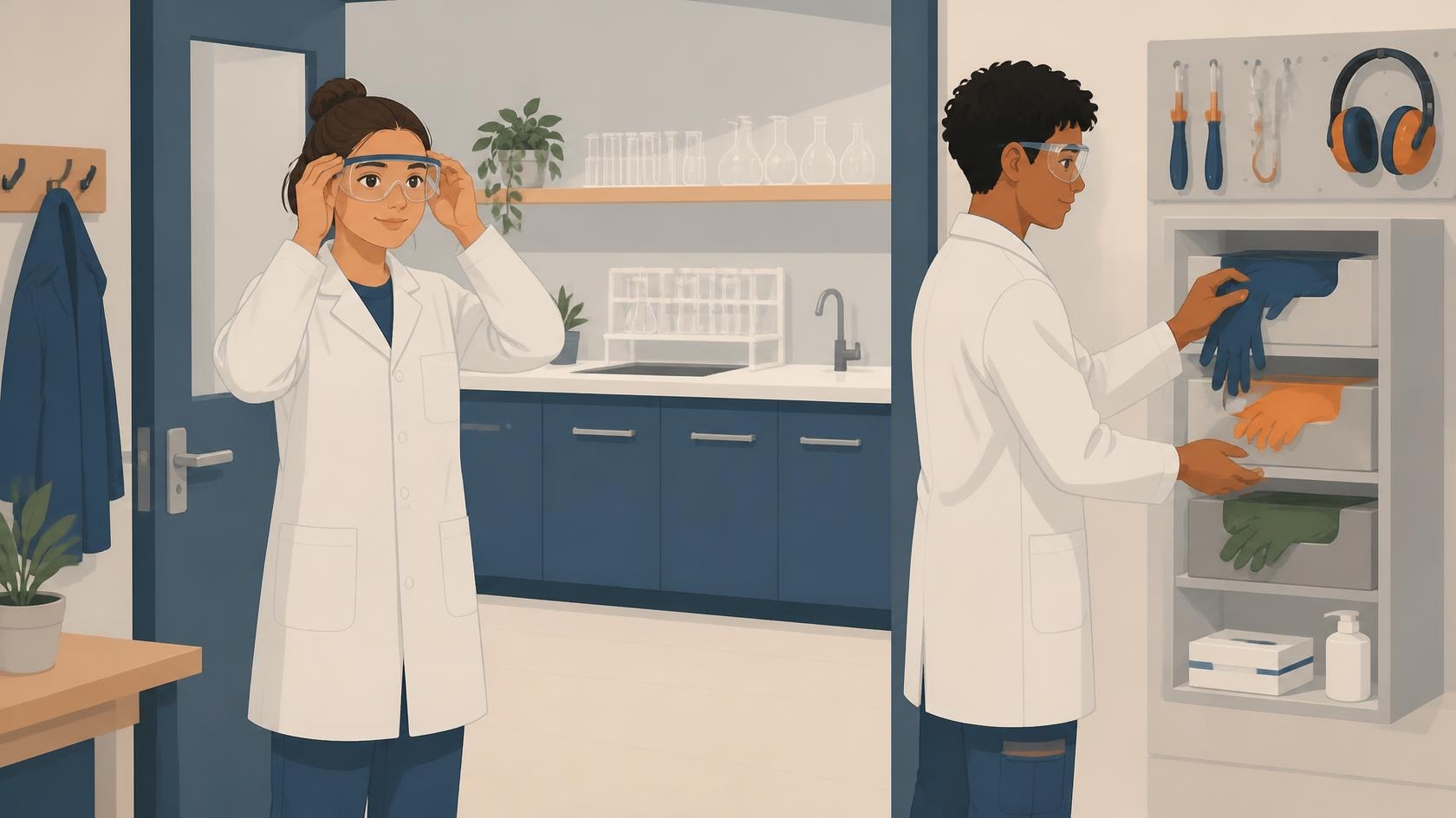 Illustration : Deux élèves se préparent à entrer au laboratoire avec blouse et lunettes de protection.
