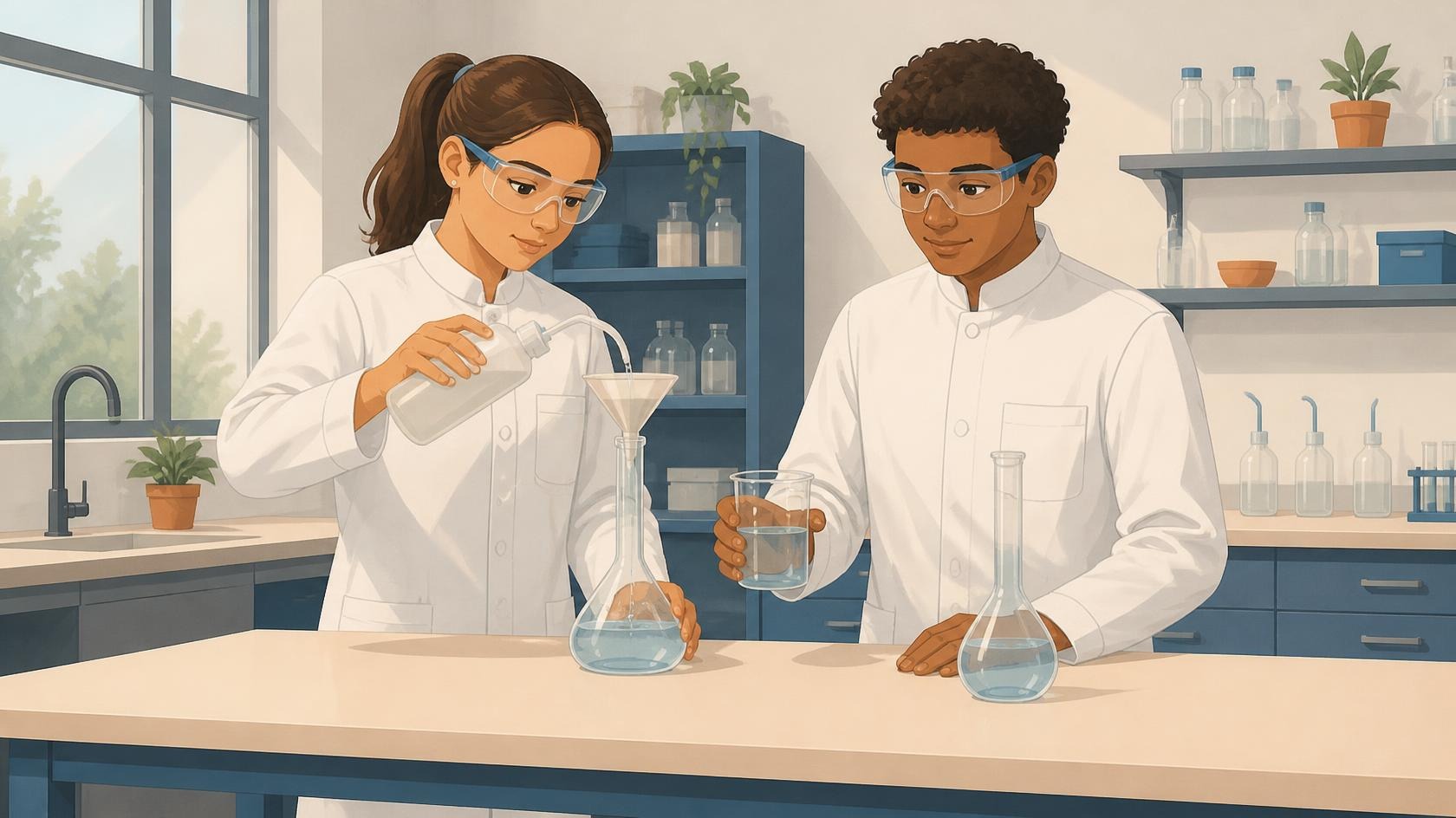 Illustration : Deux élèves équipés de lunettes préparent une solution dans une fiole jaugée.