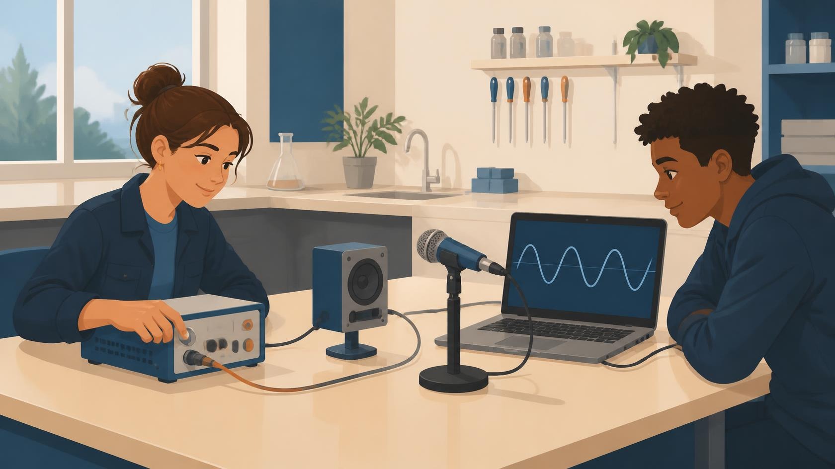 Illustration : Deux élèves étudient le son d’une petite enceinte avec un microphone et un ordinateur.