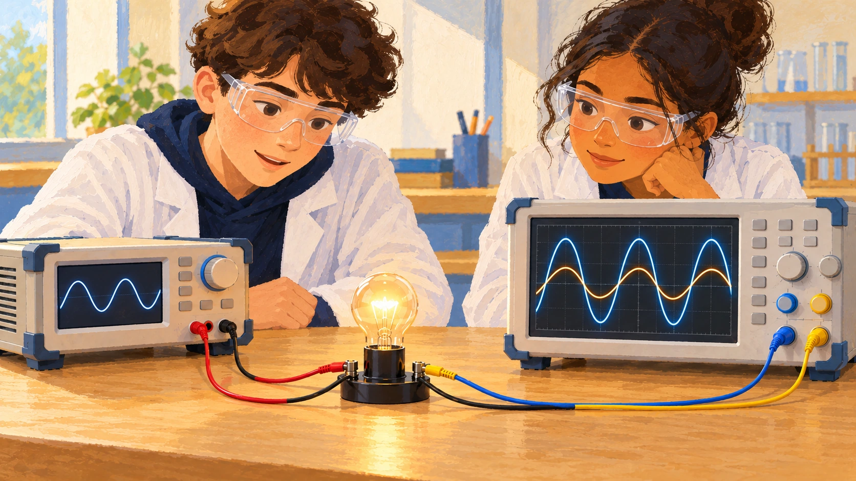 Illustration : Une lampe alimentée en basse tension alternative et deux sinusoïdes observées sur un oscilloscope.